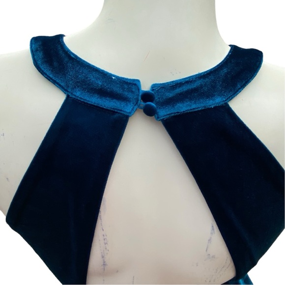 ALTAR’D STATE Deep Teal Blue Velvet Sleeveless Halter Cut Out Pleated Mini Dress - Picture 11 of 16